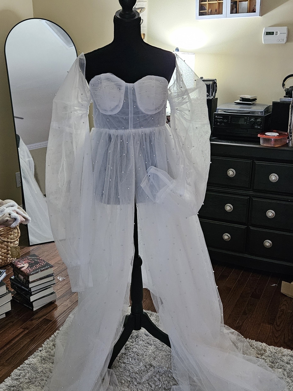 Sheer Pearl-Embellished White Tulle Maternity/Bridal Gown